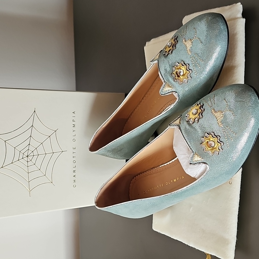 Rare Vintage Charlotte Olympia Mechanical Kitty Flats in verdigris/silver sz 40
